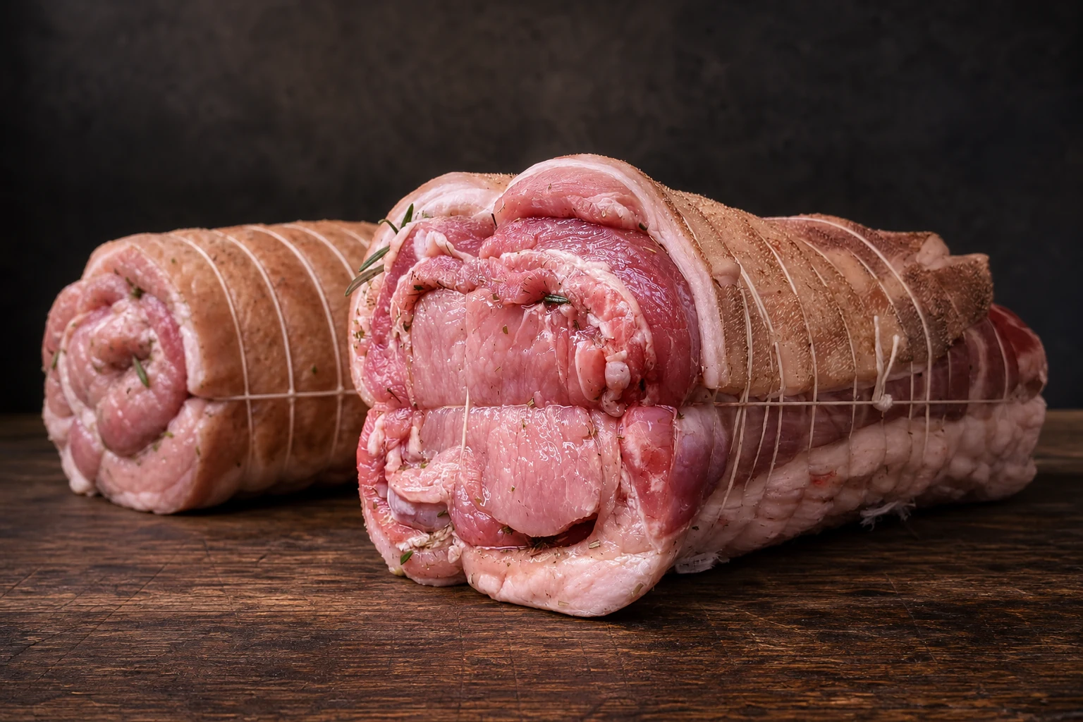 Porchetta preparata e legata a mano