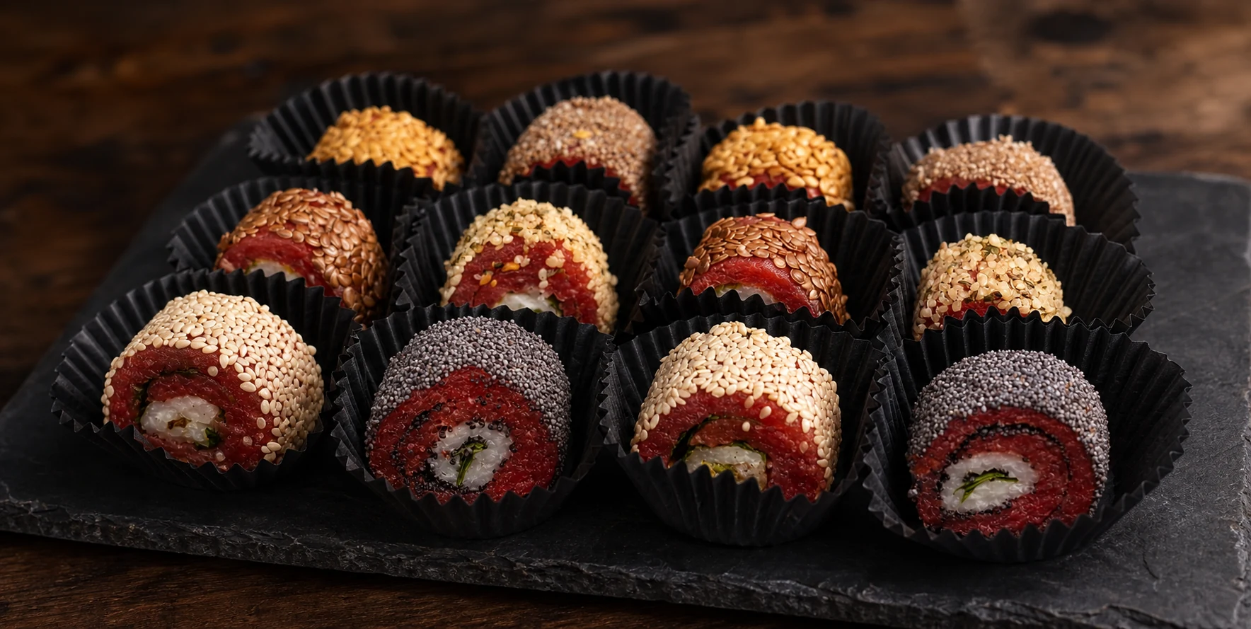 Sushi di carne ricoperto con semi