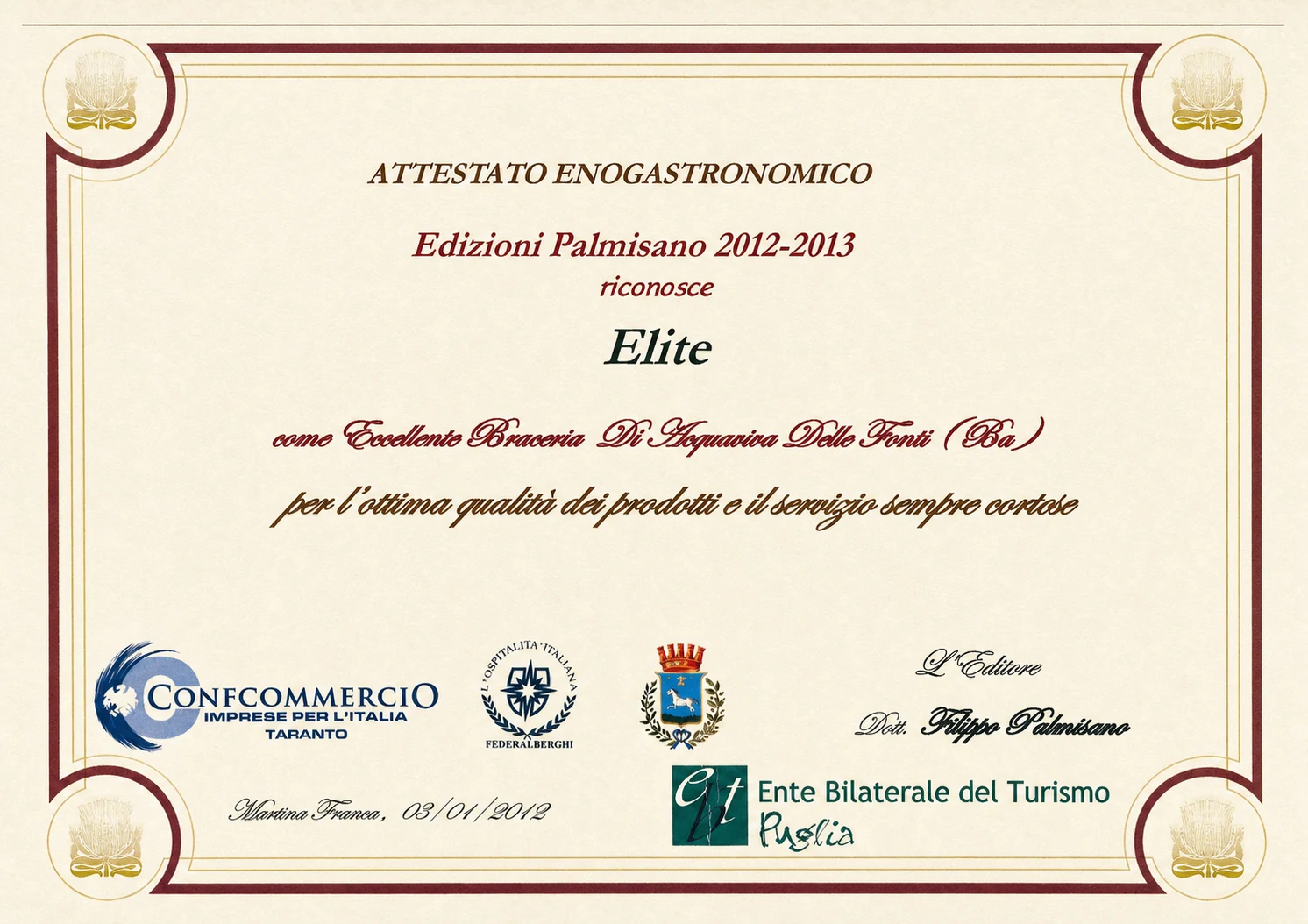 Attestato enogastronomico conferito a Elite
