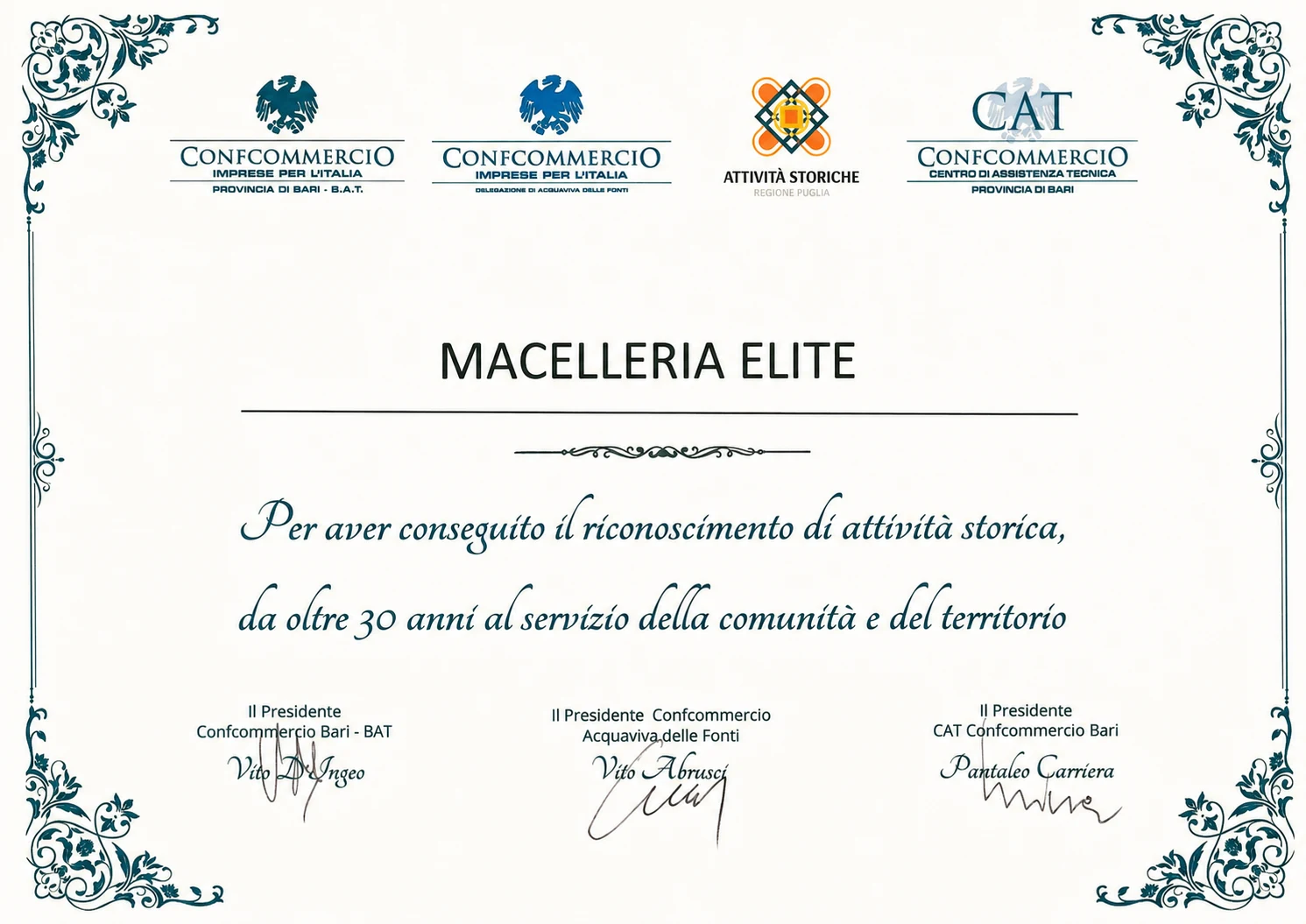 Attestato di attività storica di Macelleria Elite